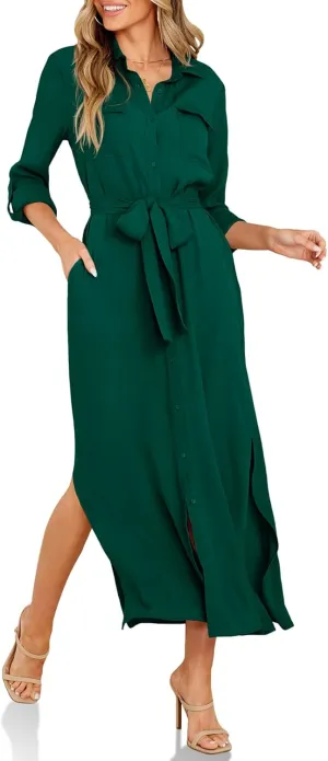 Wenrine Womens Button Down Shirt Dress Casual Chiffon 3/4 Lenght Sleeve Belted Lightweight Flowy Midi Dress with Slit