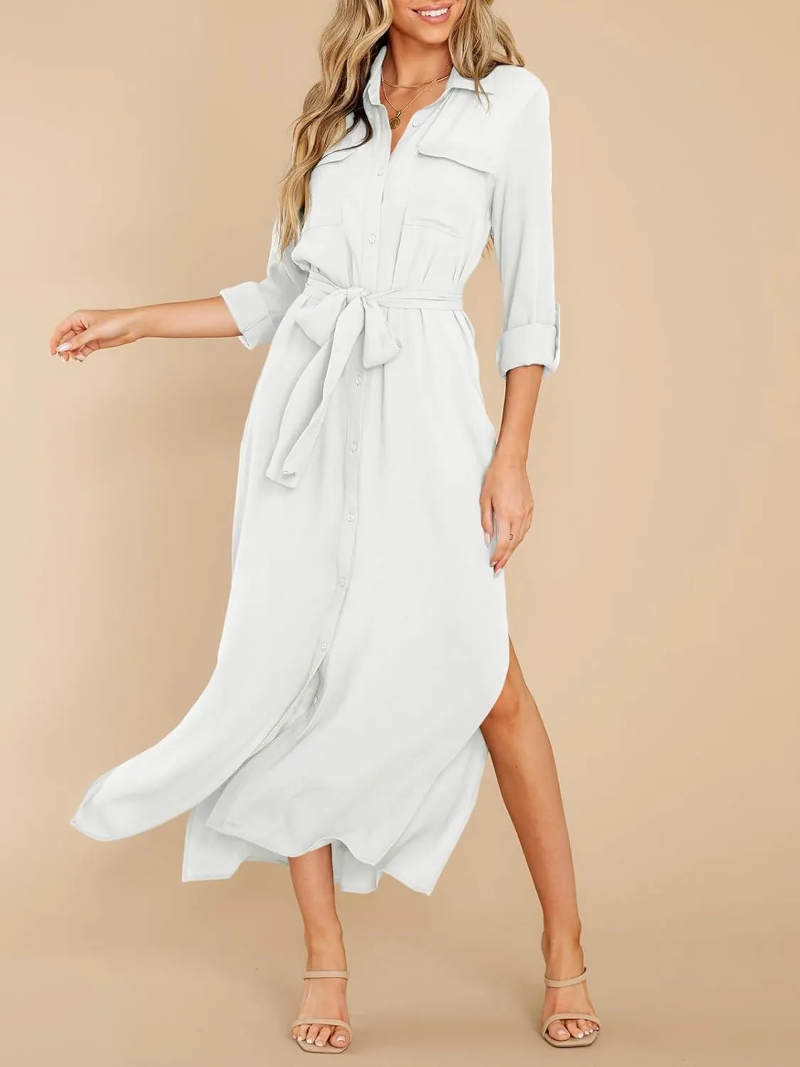 Wenrine Womens Button Down Shirt Dress Casual Chiffon 3/4 Lenght Sleeve Belted Lightweight Flowy Midi Dress with Slit