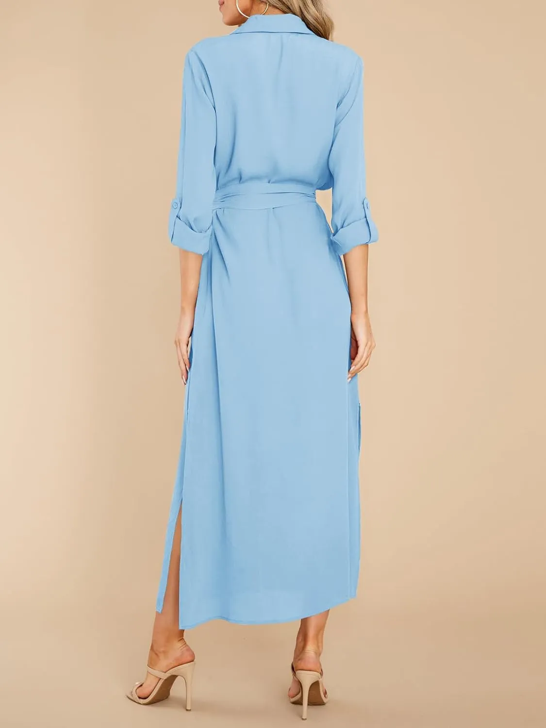 Wenrine Womens Button Down Shirt Dress Casual Chiffon 3/4 Lenght Sleeve Belted Lightweight Flowy Midi Dress with Slit