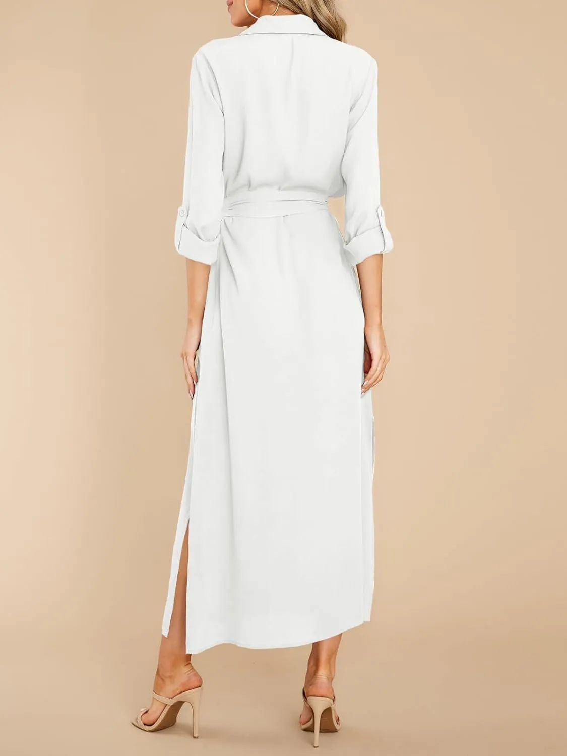 Wenrine Womens Button Down Shirt Dress Casual Chiffon 3/4 Lenght Sleeve Belted Lightweight Flowy Midi Dress with Slit