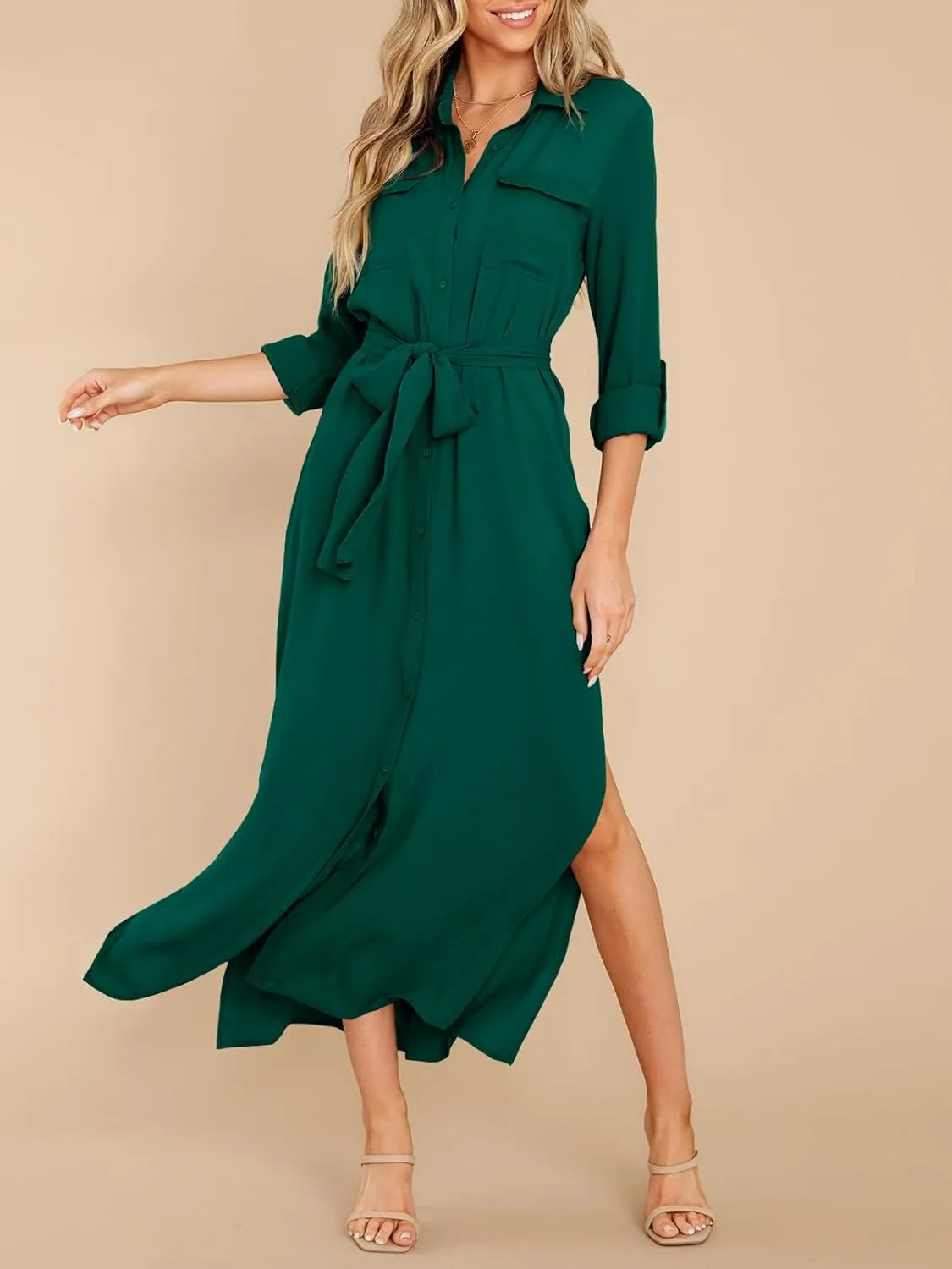 Wenrine Womens Button Down Shirt Dress Casual Chiffon 3/4 Lenght Sleeve Belted Lightweight Flowy Midi Dress with Slit