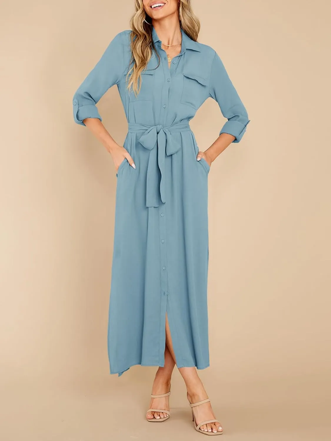 Wenrine Womens Button Down Shirt Dress Casual Chiffon 3/4 Lenght Sleeve Belted Lightweight Flowy Midi Dress with Slit