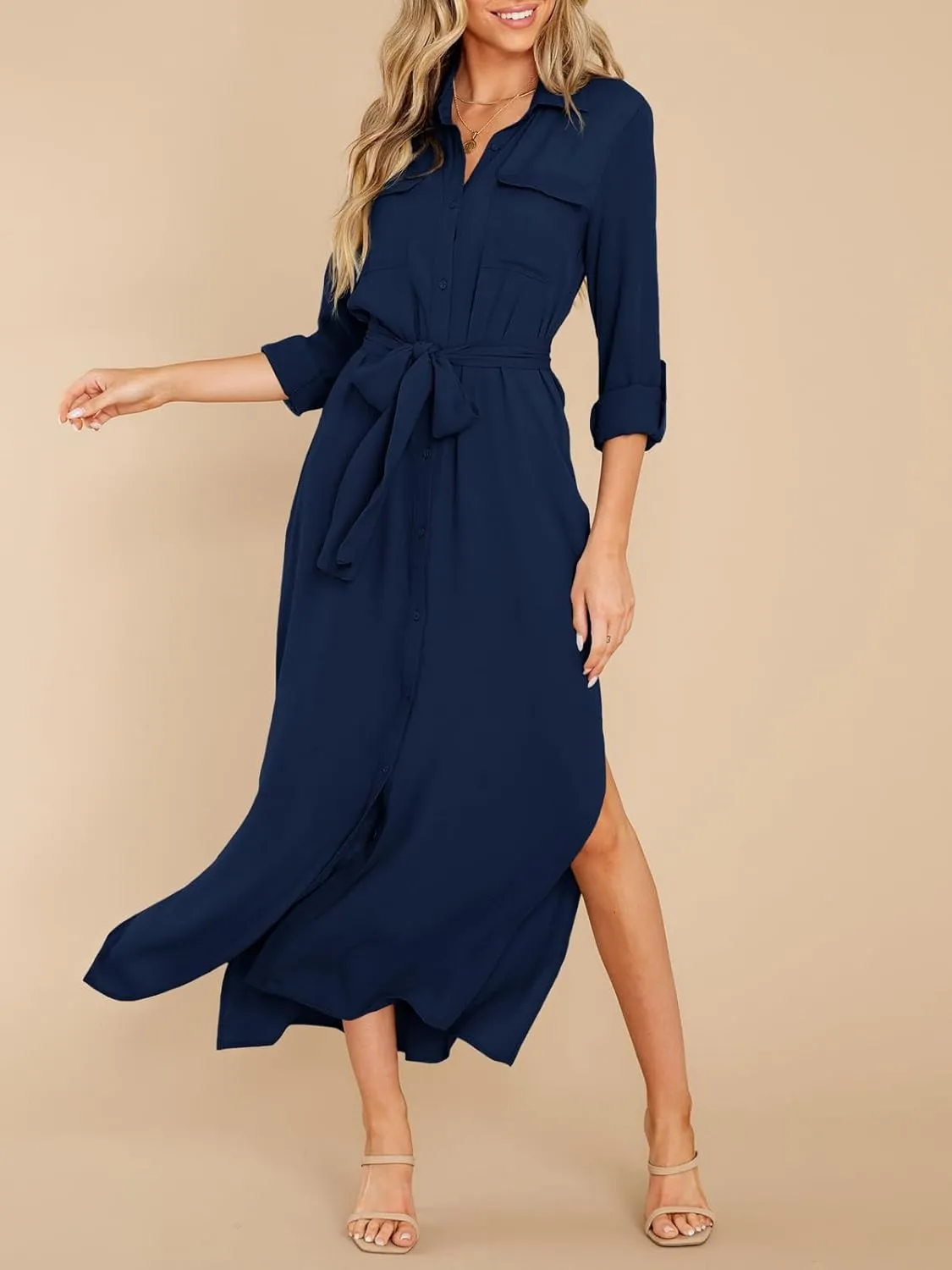 Wenrine Womens Button Down Shirt Dress Casual Chiffon 3/4 Lenght Sleeve Belted Lightweight Flowy Midi Dress with Slit