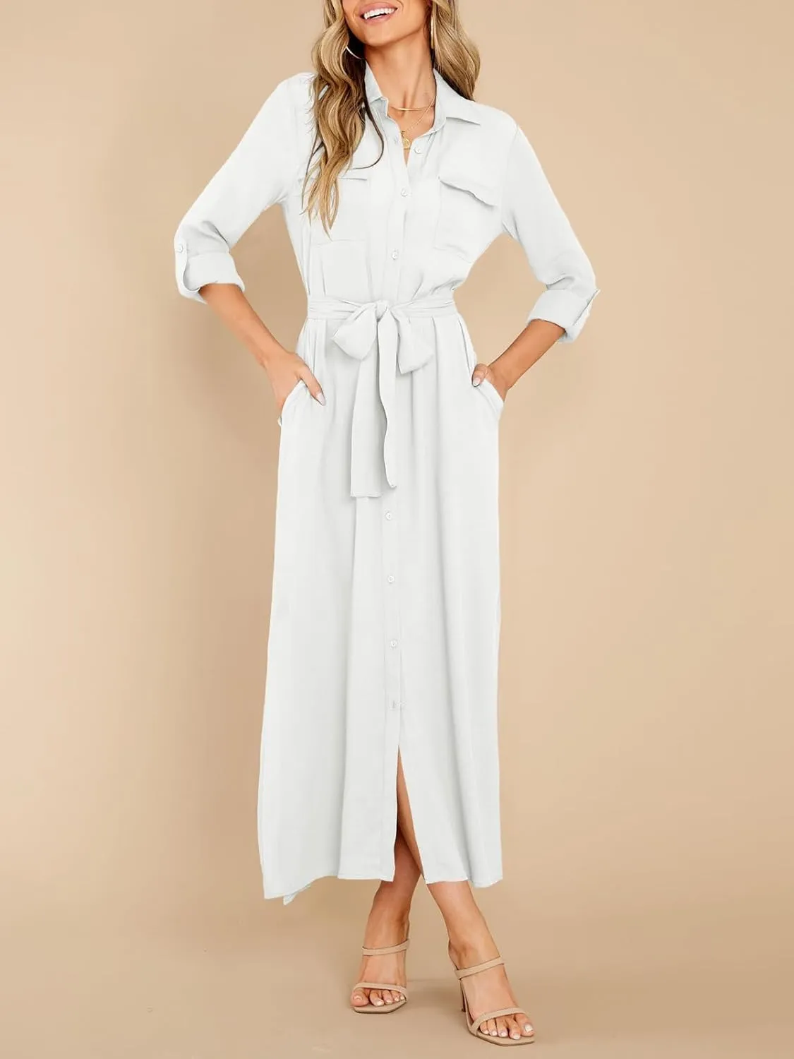 Wenrine Womens Button Down Shirt Dress Casual Chiffon 3/4 Lenght Sleeve Belted Lightweight Flowy Midi Dress with Slit