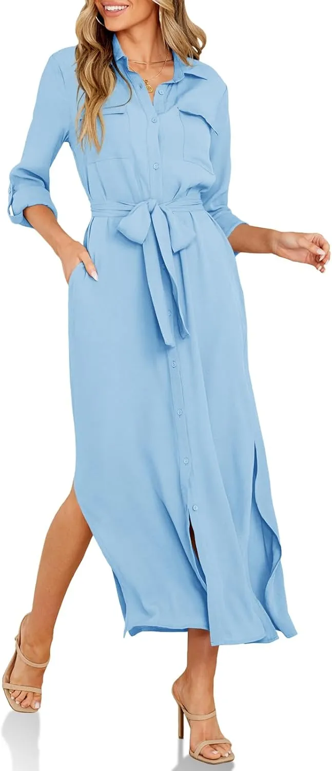 Wenrine Womens Button Down Shirt Dress Casual Chiffon 3/4 Lenght Sleeve Belted Lightweight Flowy Midi Dress with Slit