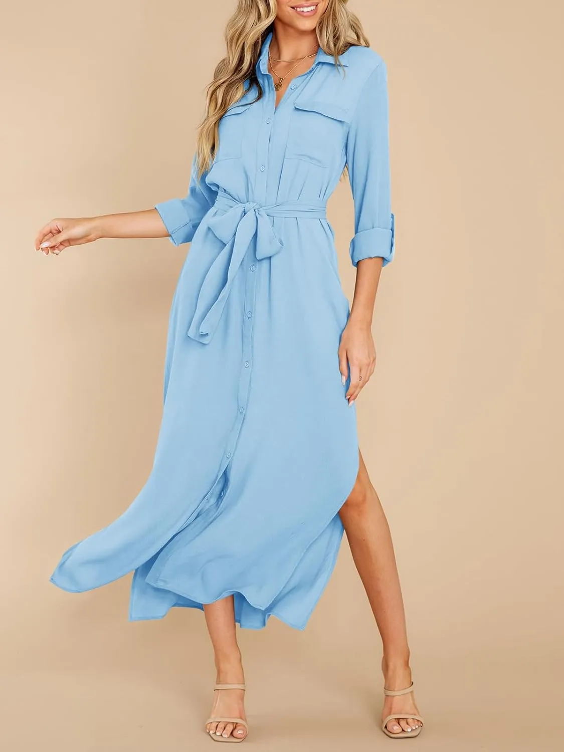 Wenrine Womens Button Down Shirt Dress Casual Chiffon 3/4 Lenght Sleeve Belted Lightweight Flowy Midi Dress with Slit