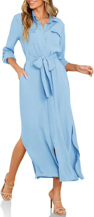 Wenrine Womens Button Down Shirt Dress Casual Chiffon 3/4 Lenght Sleeve Belted Lightweight Flowy Midi Dress with Slit