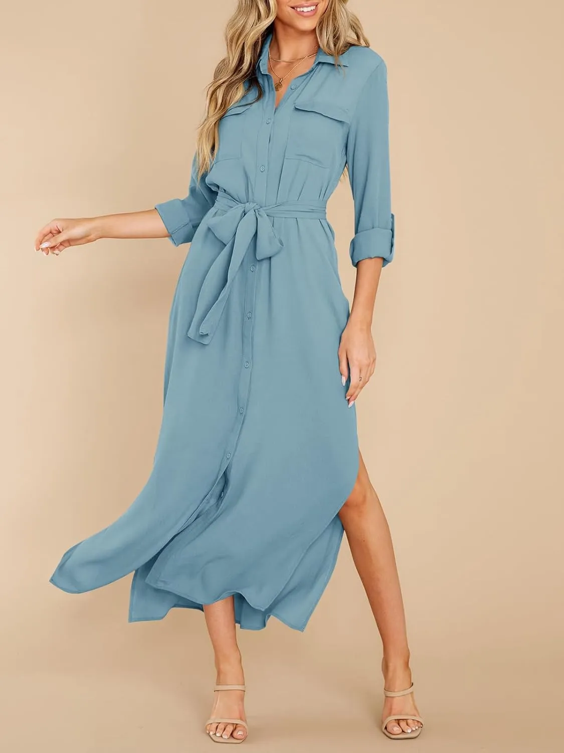 Wenrine Womens Button Down Shirt Dress Casual Chiffon 3/4 Lenght Sleeve Belted Lightweight Flowy Midi Dress with Slit