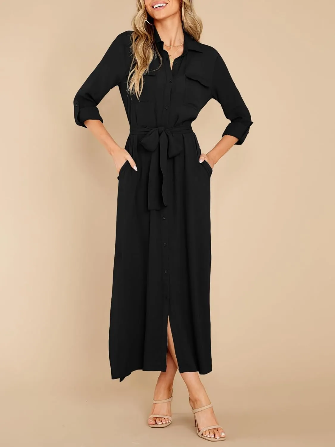 Wenrine Womens Button Down Shirt Dress Casual Chiffon 3/4 Lenght Sleeve Belted Lightweight Flowy Midi Dress with Slit