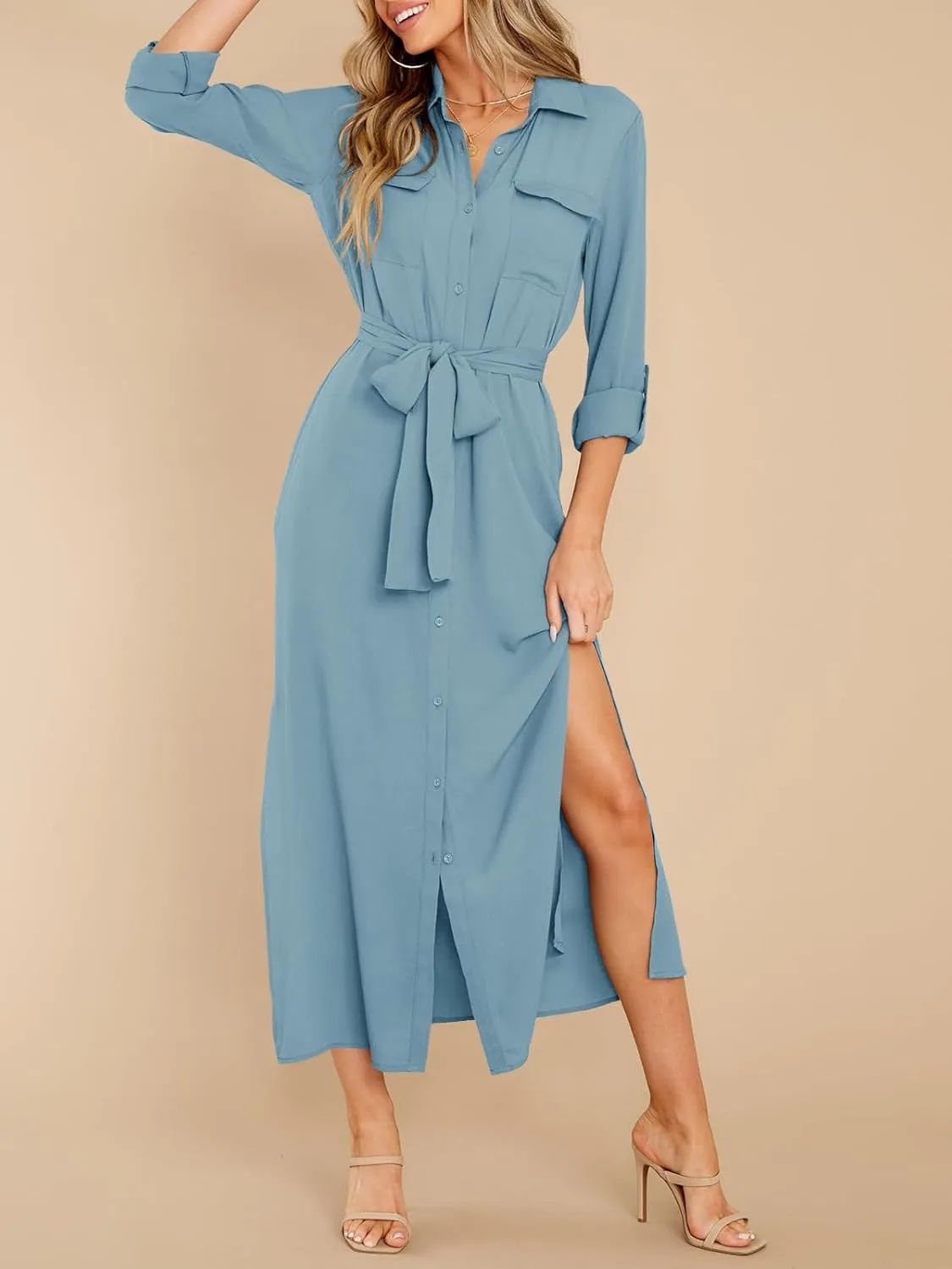 Wenrine Womens Button Down Shirt Dress Casual Chiffon 3/4 Lenght Sleeve Belted Lightweight Flowy Midi Dress with Slit