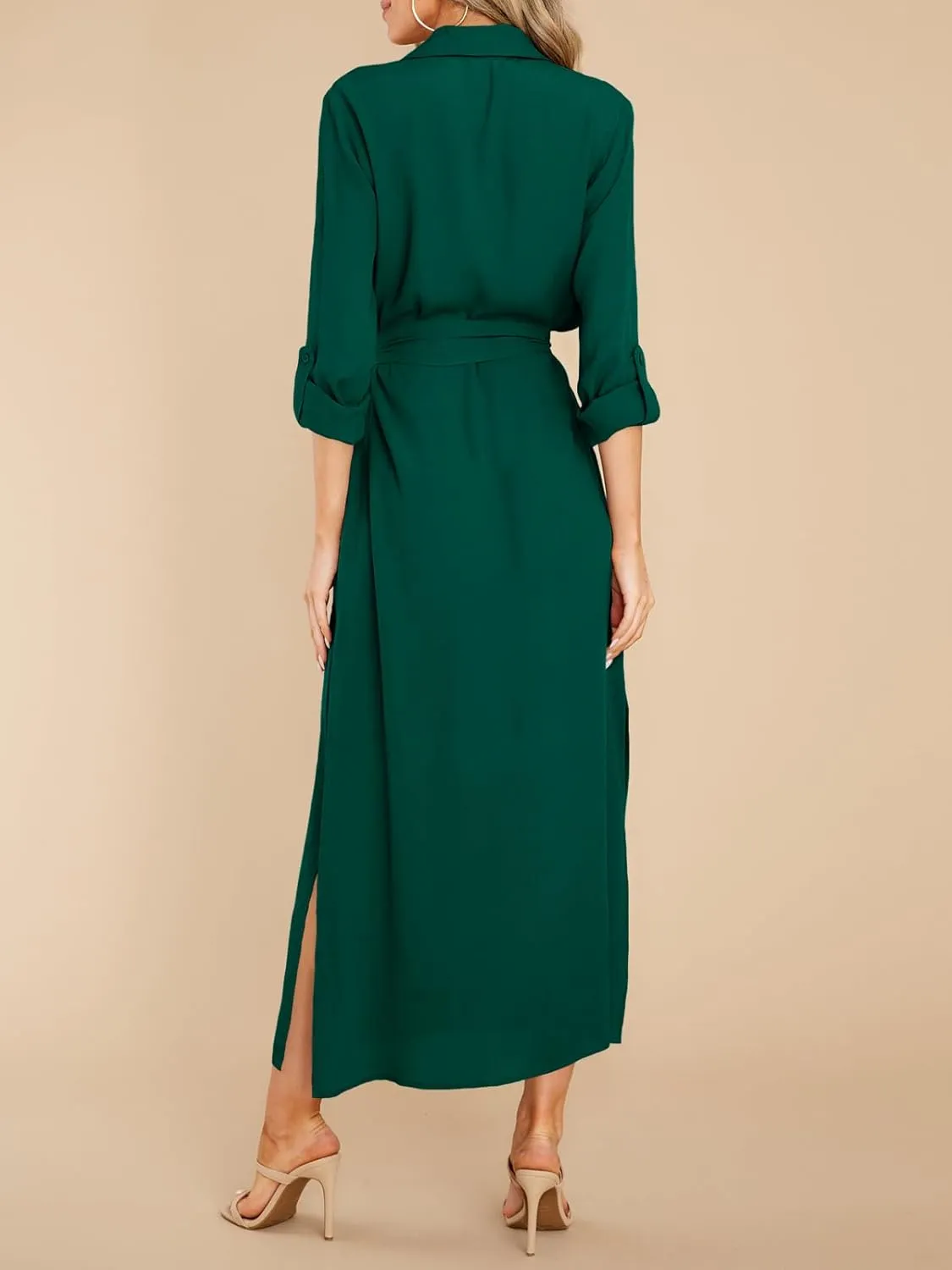 Wenrine Womens Button Down Shirt Dress Casual Chiffon 3/4 Lenght Sleeve Belted Lightweight Flowy Midi Dress with Slit