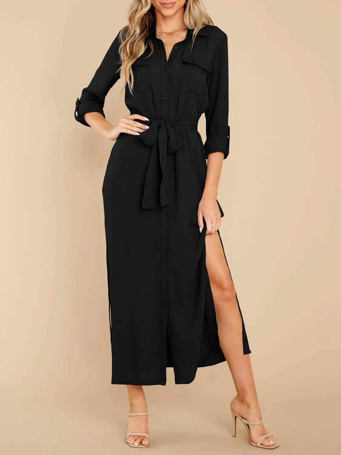Wenrine Womens Button Down Shirt Dress Casual Chiffon 3/4 Lenght Sleeve Belted Lightweight Flowy Midi Dress with Slit