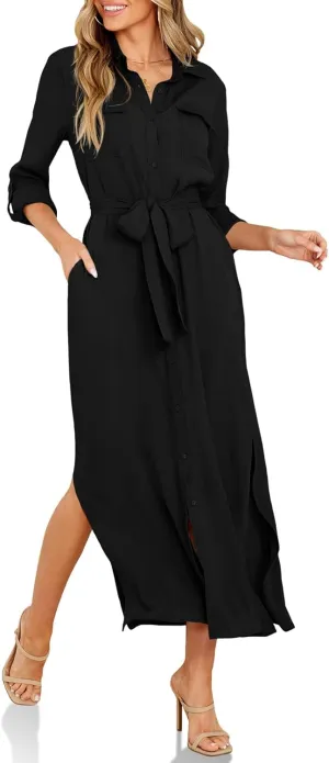 Wenrine Womens Button Down Shirt Dress Casual Chiffon 3/4 Lenght Sleeve Belted Lightweight Flowy Midi Dress with Slit