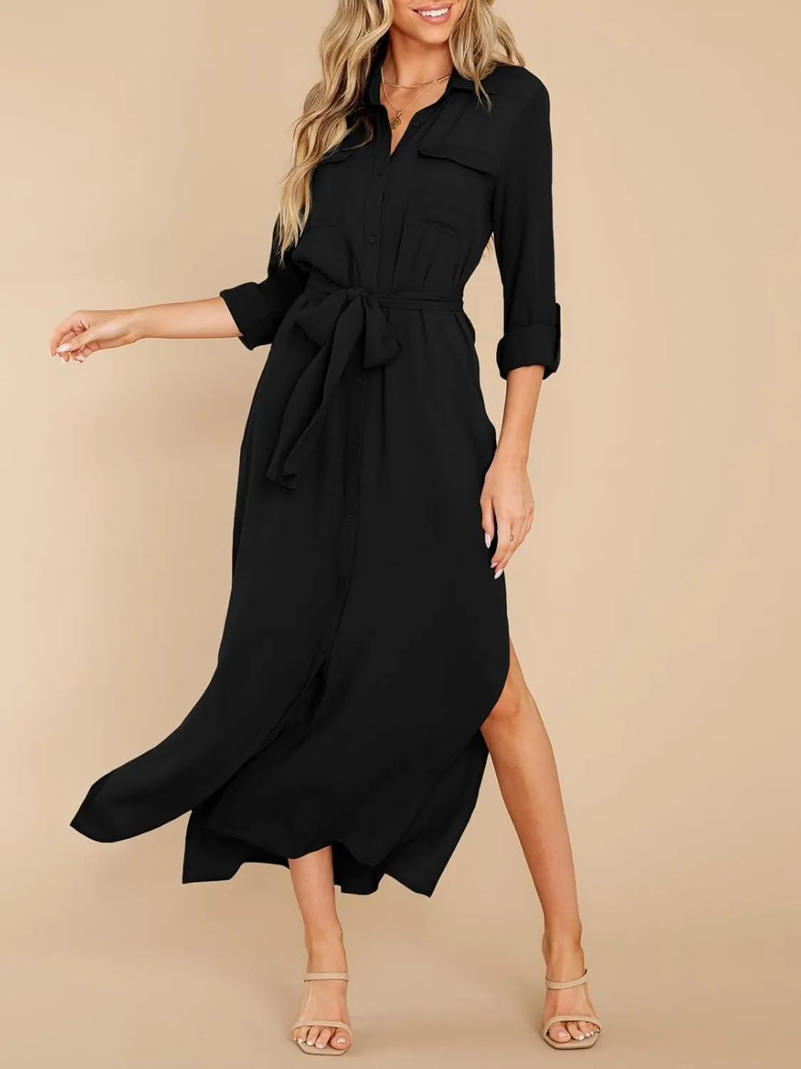 Wenrine Womens Button Down Shirt Dress Casual Chiffon 3/4 Lenght Sleeve Belted Lightweight Flowy Midi Dress with Slit