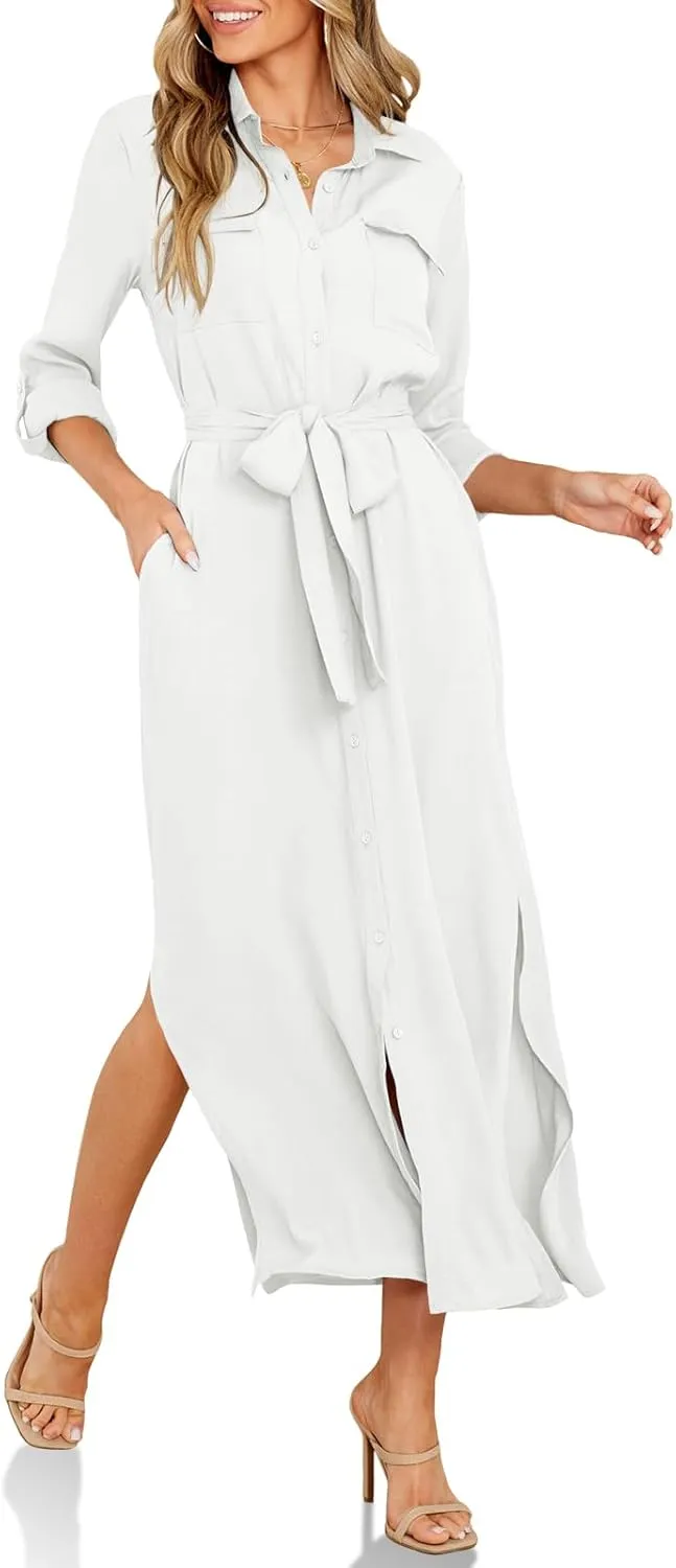 Wenrine Womens Button Down Shirt Dress Casual Chiffon 3/4 Lenght Sleeve Belted Lightweight Flowy Midi Dress with Slit