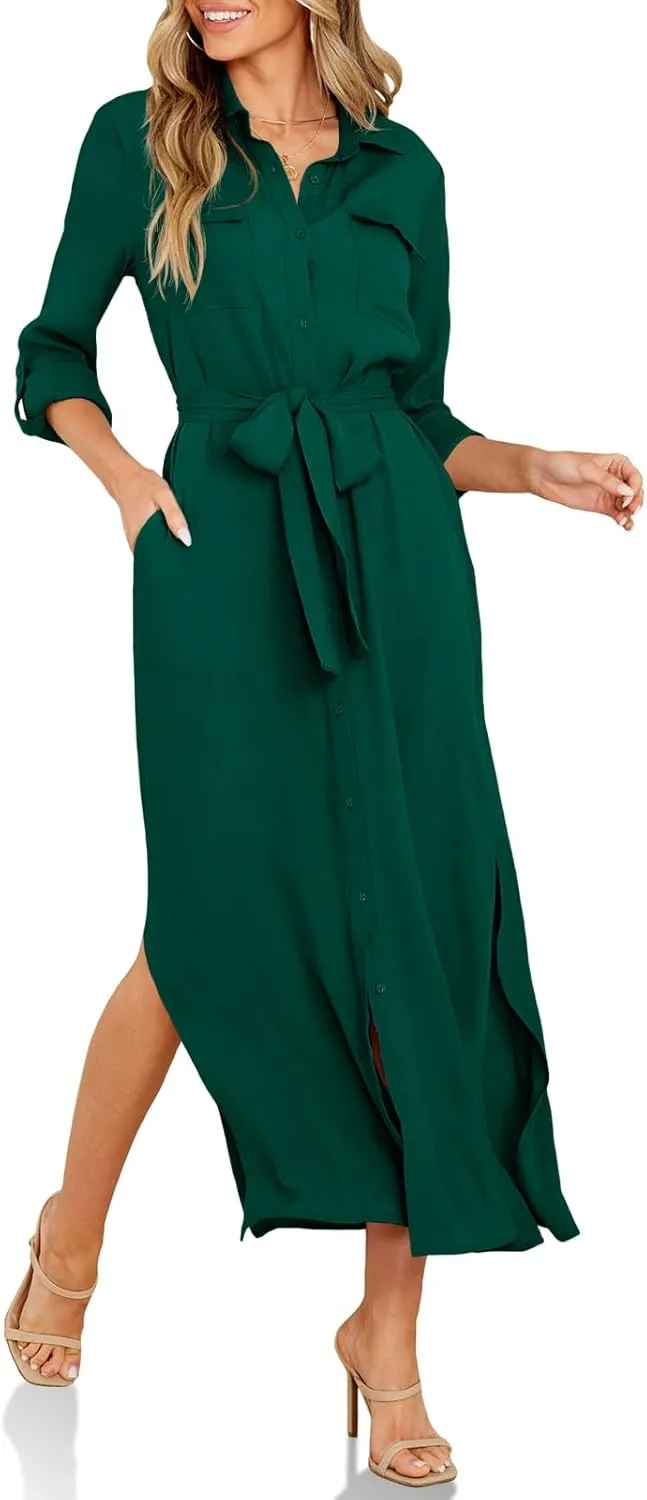 Wenrine Womens Button Down Shirt Dress Casual Chiffon 3/4 Lenght Sleeve Belted Lightweight Flowy Midi Dress with Slit