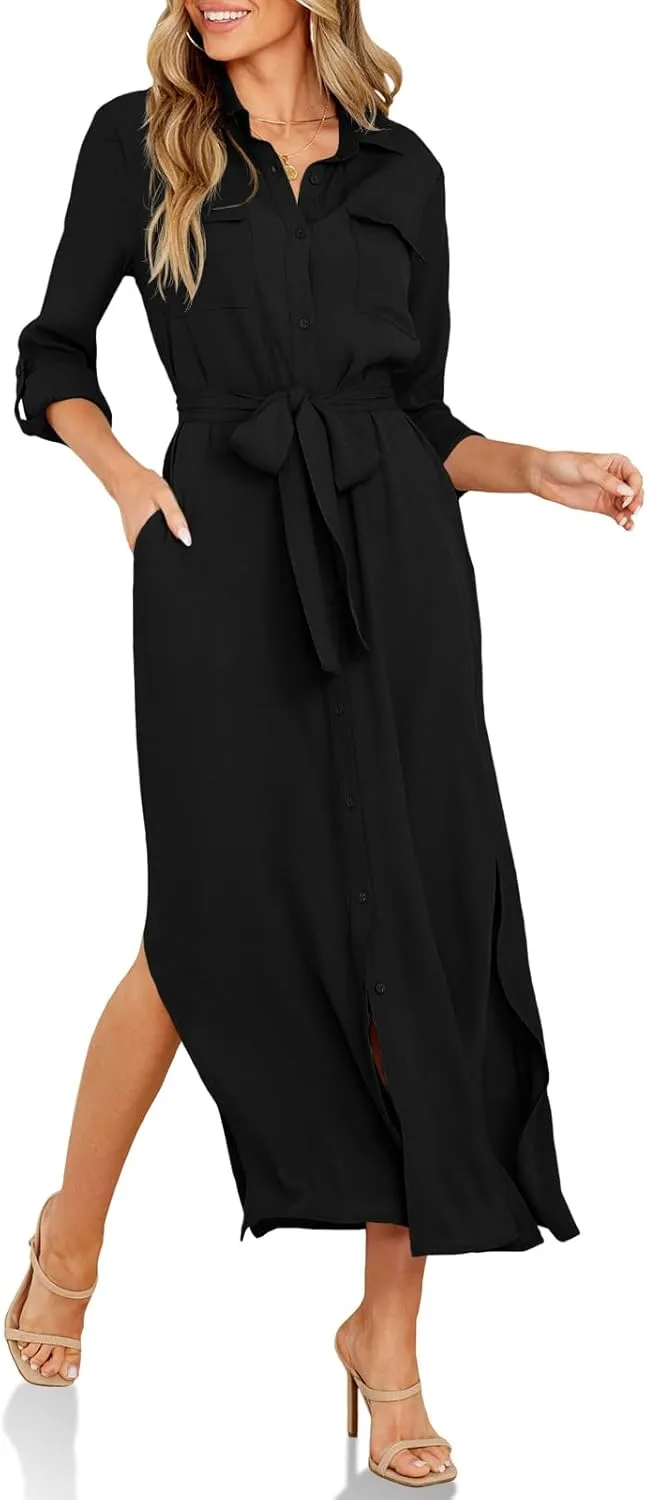 Wenrine Womens Button Down Shirt Dress Casual Chiffon 3/4 Lenght Sleeve Belted Lightweight Flowy Midi Dress with Slit