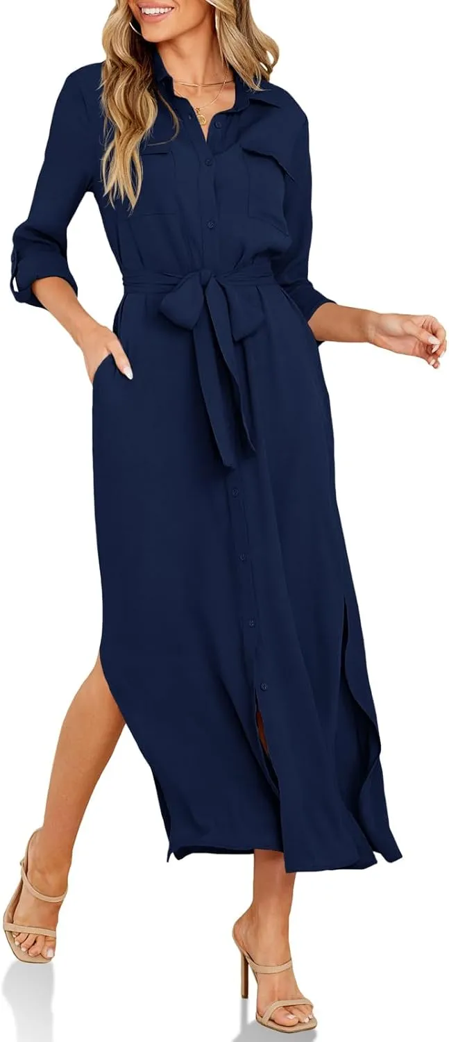 Wenrine Womens Button Down Shirt Dress Casual Chiffon 3/4 Lenght Sleeve Belted Lightweight Flowy Midi Dress with Slit