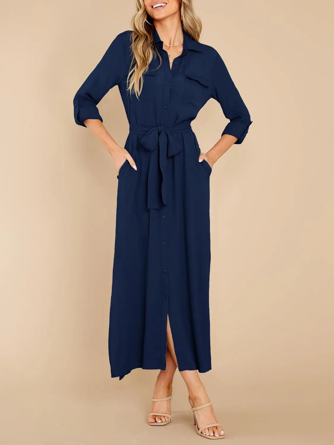Wenrine Womens Button Down Shirt Dress Casual Chiffon 3/4 Lenght Sleeve Belted Lightweight Flowy Midi Dress with Slit