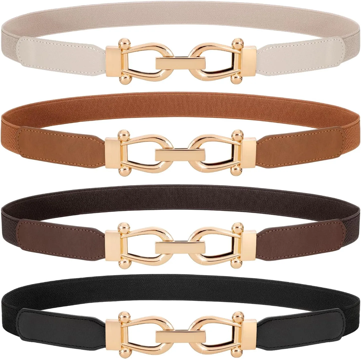 WERFORU 4 Pack Women Skinny Elastic Waist Belt Gold Buckle Stretchy Thin Belt for Jeans Dress