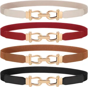 WERFORU 4 Pack Women Skinny Elastic Waist Belt Gold Buckle Stretchy Thin Belt for Jeans Dress