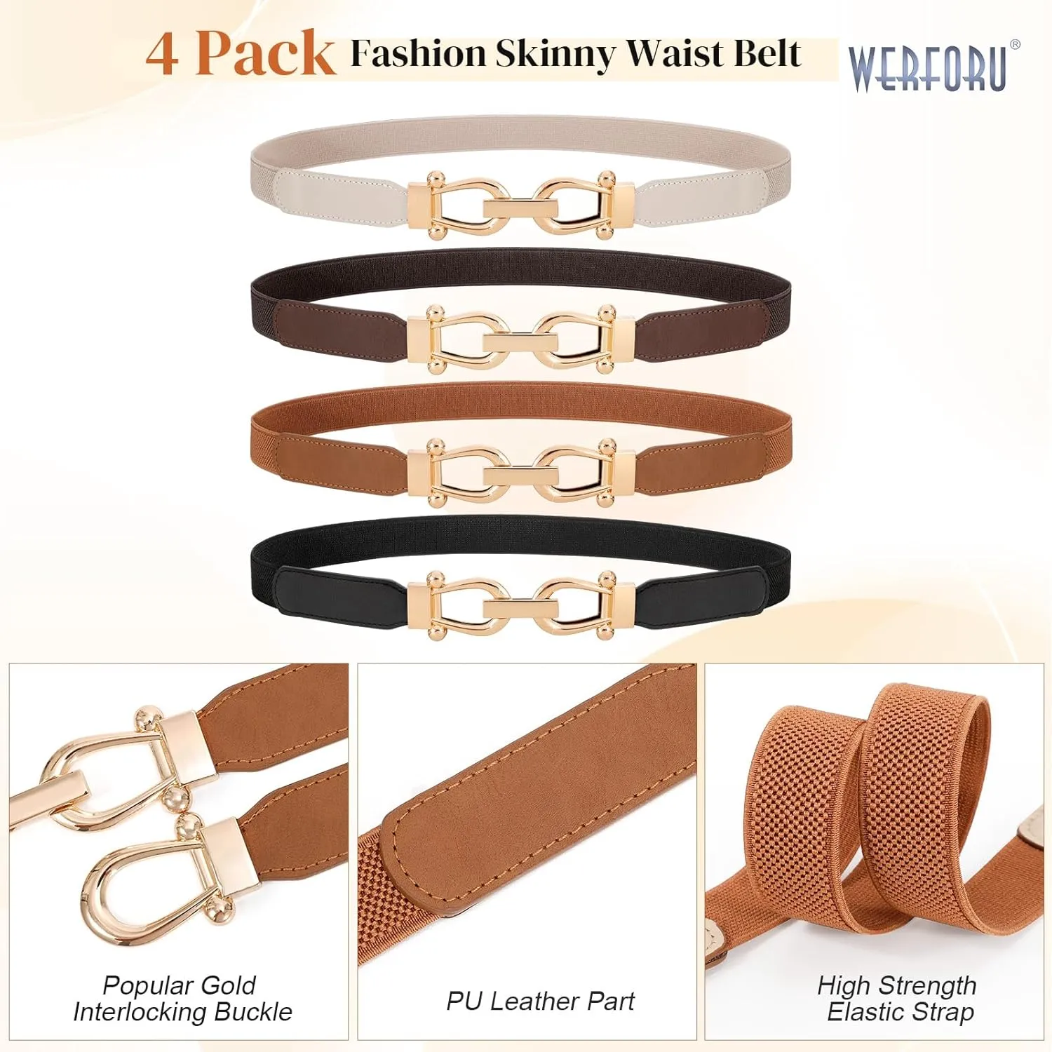 WERFORU 4 Pack Women Skinny Elastic Waist Belt Gold Buckle Stretchy Thin Belt for Jeans Dress