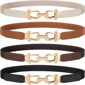 WERFORU 4 Pack Women Skinny Elastic Waist Belt Gold Buckle Stretchy Thin Belt for Jeans Dress