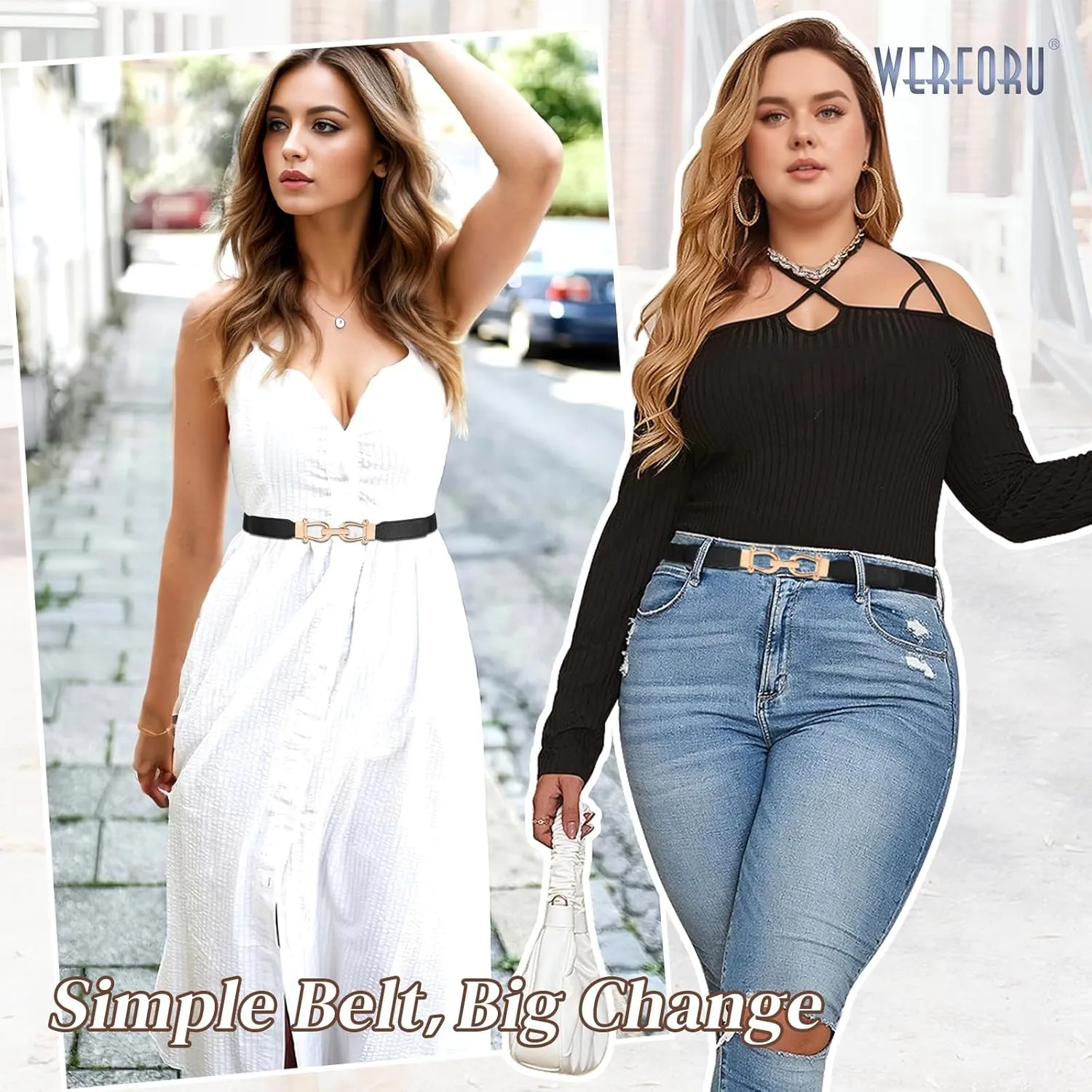 WERFORU 4 Pack Women Skinny Elastic Waist Belt Gold Buckle Stretchy Thin Belt for Jeans Dress