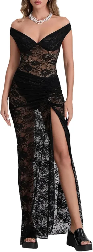 Women 2Pcs Sheer Lace Skirt Outfit Off-Shoulder Backless Romper Match Pleated Long Skirt for Cocktail Party