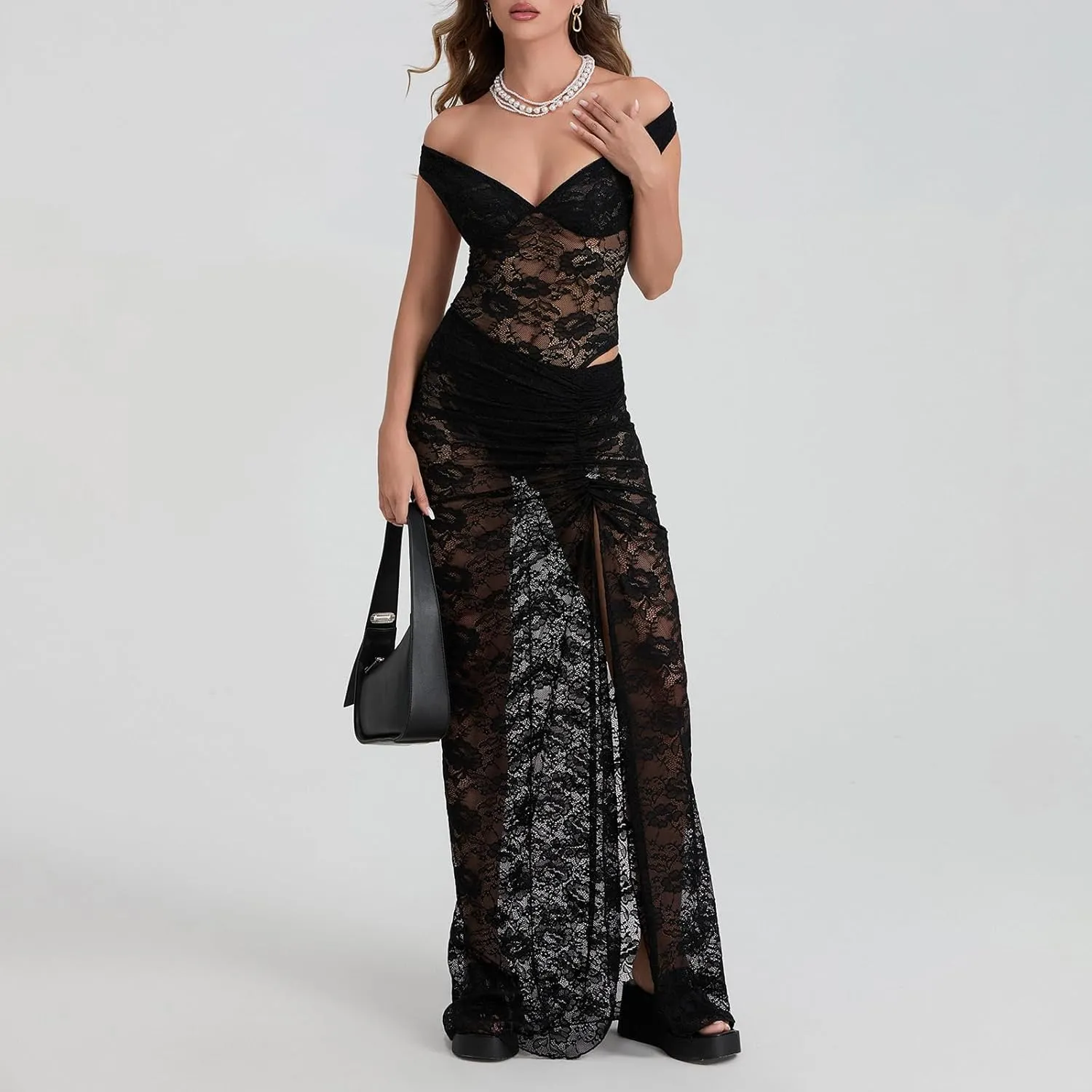 Women 2Pcs Sheer Lace Skirt Outfit Off-Shoulder Backless Romper Match Pleated Long Skirt for Cocktail Party
