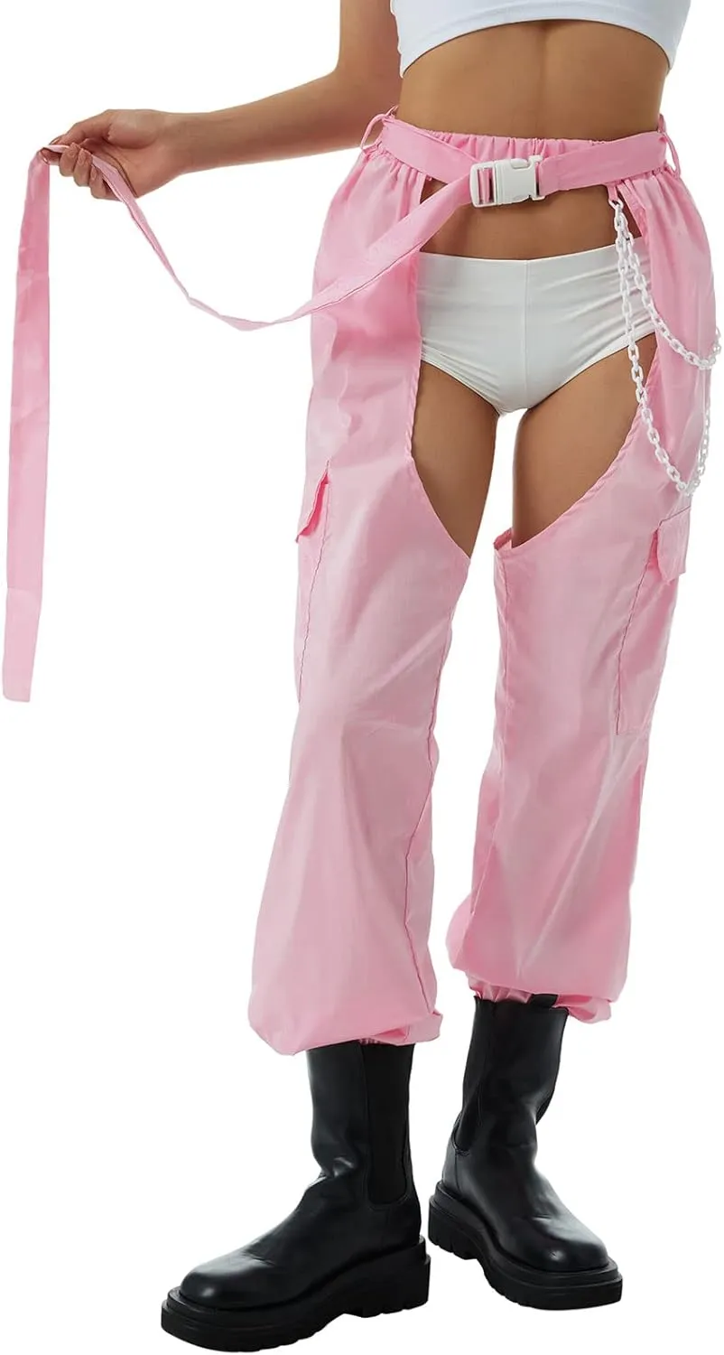 Women Buckle Bottomless Pants Sexy High Waist Chaps Hollow Out Cargo Crotch Pants See Through Rave Leggings Harem Trousers