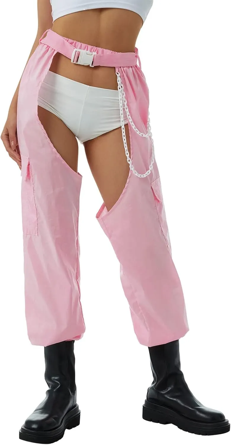 Women Buckle Bottomless Pants Sexy High Waist Chaps Hollow Out Cargo Crotch Pants See Through Rave Leggings Harem Trousers