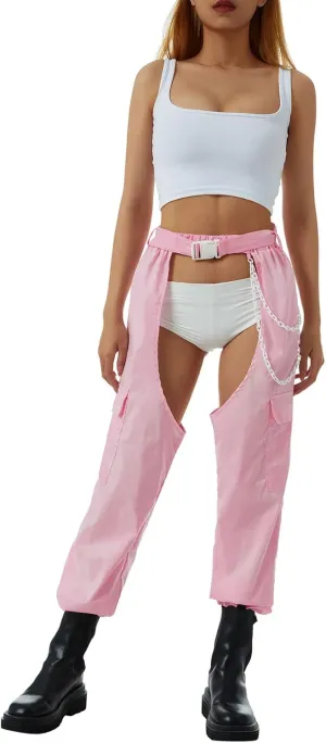 Women Buckle Bottomless Pants Sexy High Waist Chaps Hollow Out Cargo Crotch Pants See Through Rave Leggings Harem Trousers