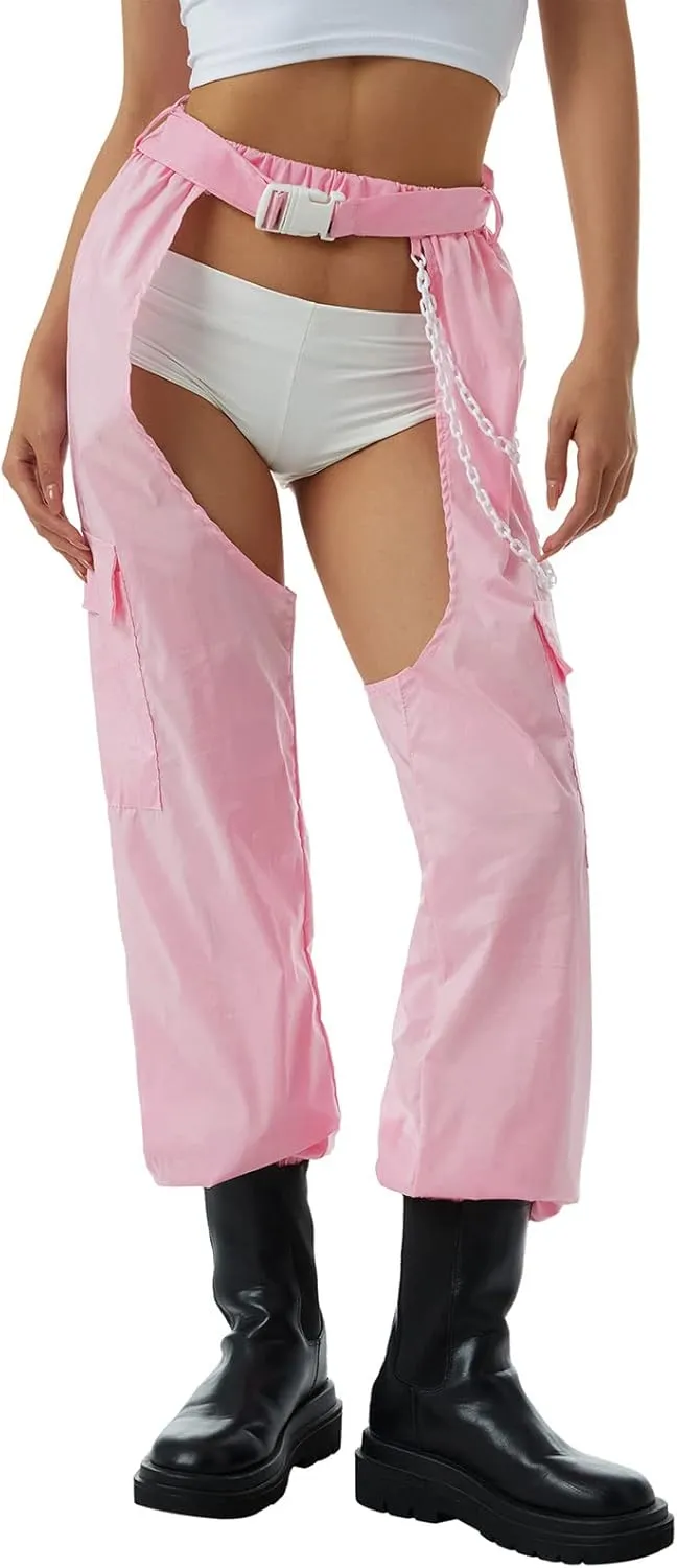 Women Buckle Bottomless Pants Sexy High Waist Chaps Hollow Out Cargo Crotch Pants See Through Rave Leggings Harem Trousers