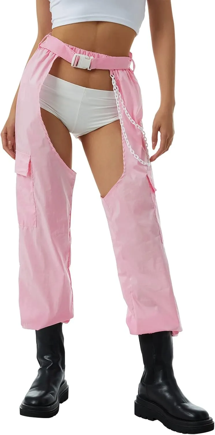 Women Buckle Bottomless Pants Sexy High Waist Chaps Hollow Out Cargo Crotch Pants See Through Rave Leggings Harem Trousers