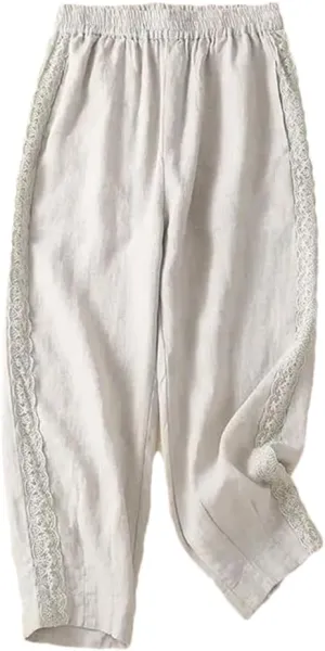 Women Casual Ankle-Length Pants Solid Cotton Linen Lace Elastic Waist Harem Pants