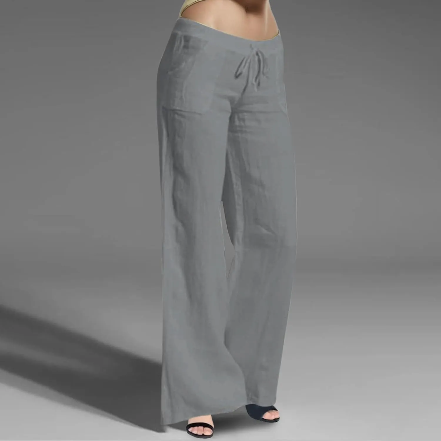 Women Linen Blend Summer Casual Loose Palazzo Lounge Pants Elastic Waist Baggy Stretchy Plus Size Trouser Trendy