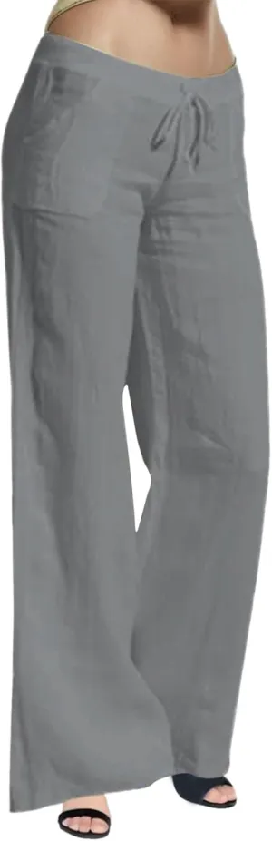 Women Linen Blend Summer Casual Loose Palazzo Lounge Pants Elastic Waist Baggy Stretchy Plus Size Trouser Trendy