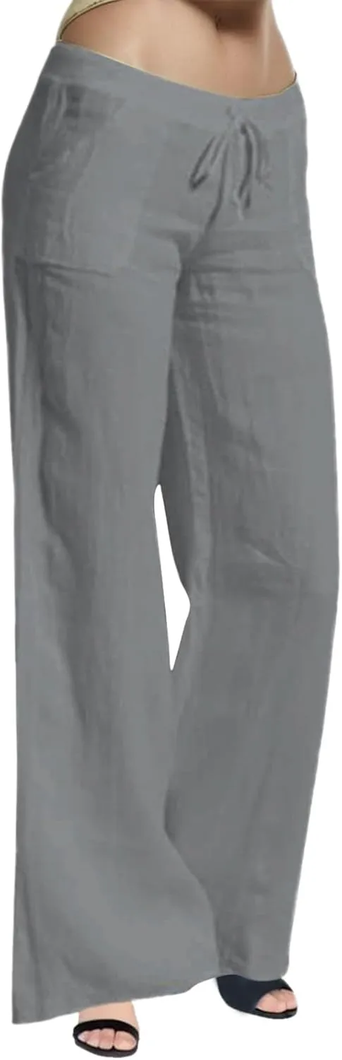 Women Linen Blend Summer Casual Loose Palazzo Lounge Pants Elastic Waist Baggy Stretchy Plus Size Trouser Trendy