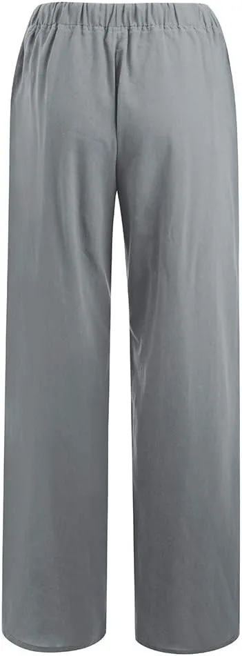 Women Linen Blend Summer Casual Loose Palazzo Lounge Pants Elastic Waist Baggy Stretchy Plus Size Trouser Trendy