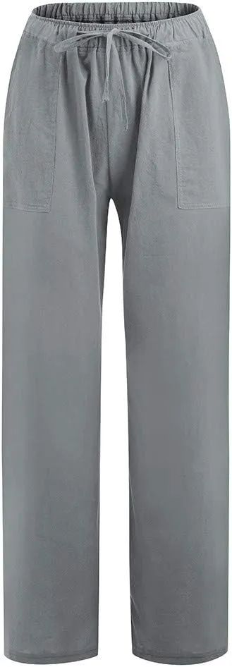 Women Linen Blend Summer Casual Loose Palazzo Lounge Pants Elastic Waist Baggy Stretchy Plus Size Trouser Trendy