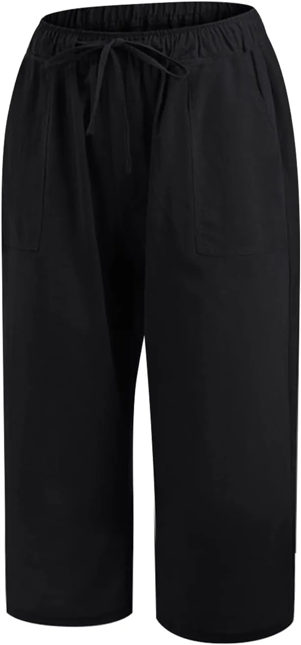 Women Linen Blend Summer Pull On Palazzo Lounge Pants High Waist Straight Slim-Fit Trousers Beach