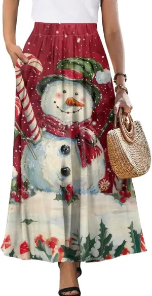 Women Long Maxi Skirt Casual High Waiste Dress Home Travelling Party Skirt with Double Pockets
