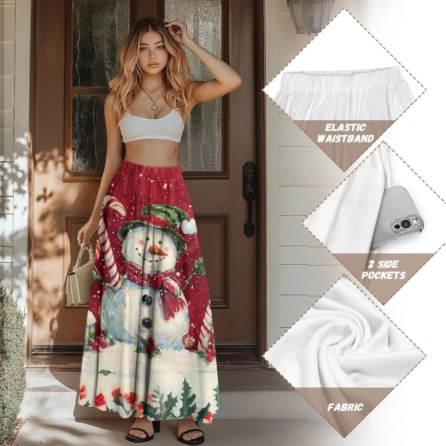 Women Long Maxi Skirt Casual High Waiste Dress Home Travelling Party Skirt with Double Pockets