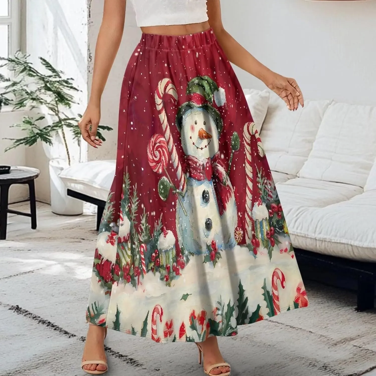 Women Long Maxi Skirt Casual High Waiste Dress Home Travelling Party Skirt with Double Pockets