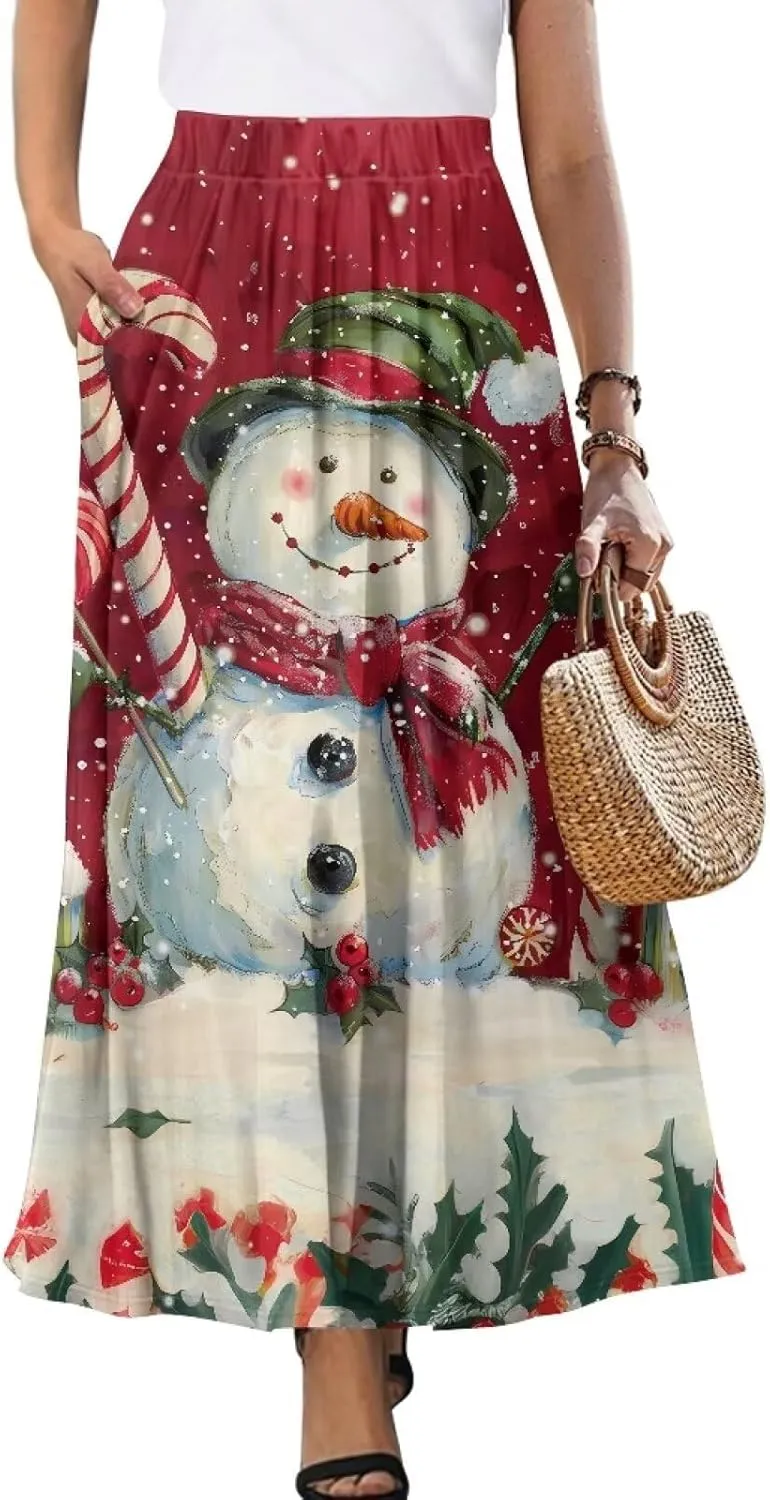 Women Long Maxi Skirt Casual High Waiste Dress Home Travelling Party Skirt with Double Pockets