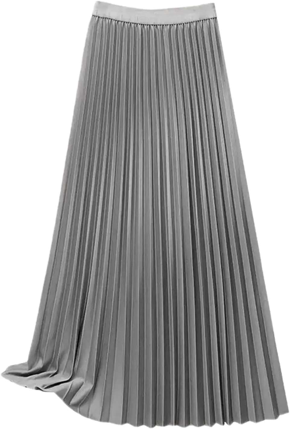 Women Maxi Skirt Pleated Solid Color Elastic High Waist Casual Cotton Blend A-Line Smooth Satin Long Skirts