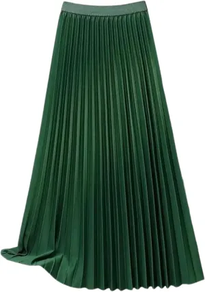 Women Maxi Skirt Pleated Solid Color Elastic High Waist Casual Cotton Blend A-Line Smooth Satin Long Skirts