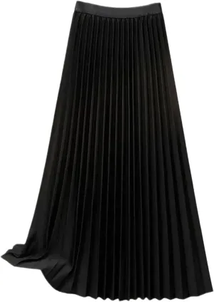 Women Maxi Skirt Pleated Solid Color Elastic High Waist Casual Cotton Blend A-Line Smooth Satin Long Skirts