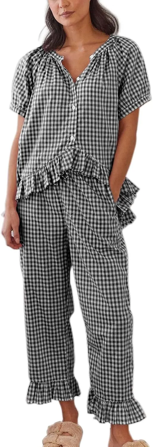 Women Plaid 2 Piece Pajama Set Y2K Button Down Puff Sleeve Babydoll Shirt Gingham Pants Loungewear Sleepwear Pjs